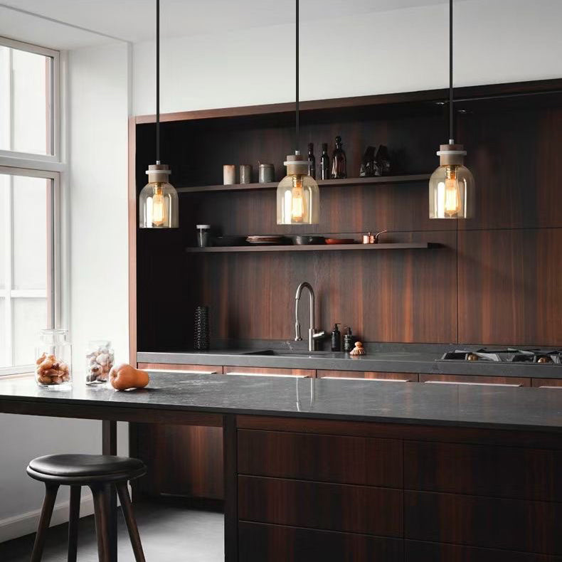 Contemporary Scandinavian Glass Wood Metal Round Cylinder 1-Light Pendant Light For Bedroom