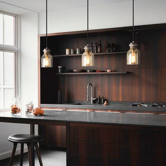 Contemporary Scandinavian Glass Wood Metal Round Cylinder 1-Light Pendant Light For Bedroom