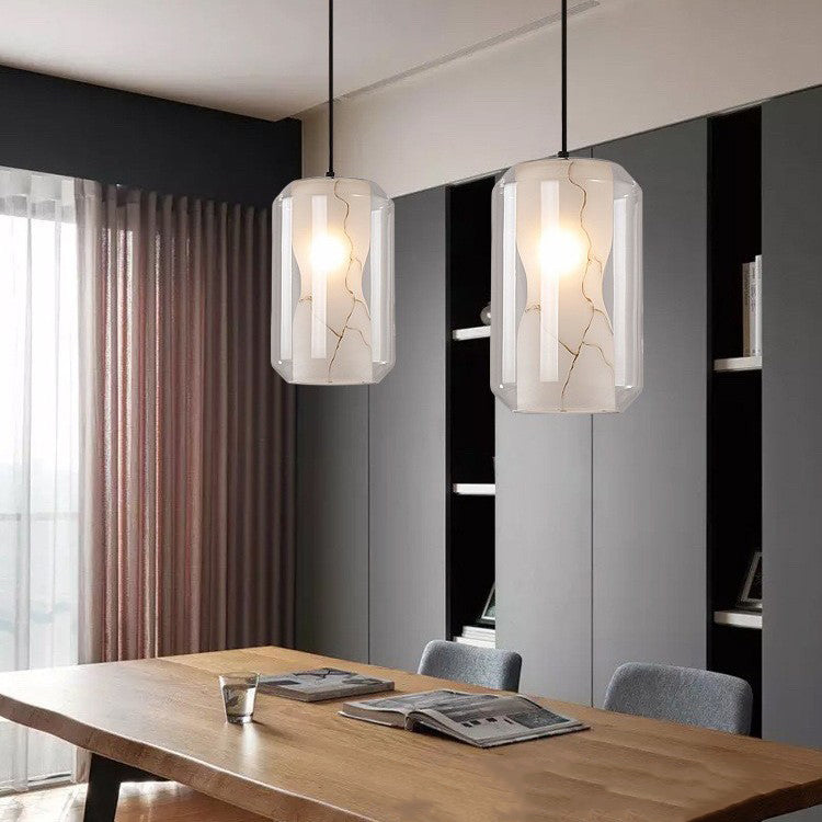 Contemporary Scandinavian Glass Faux Alabaster Iron Round Cylinder 1/3-Light Chandelier For Bedroom & Living Room