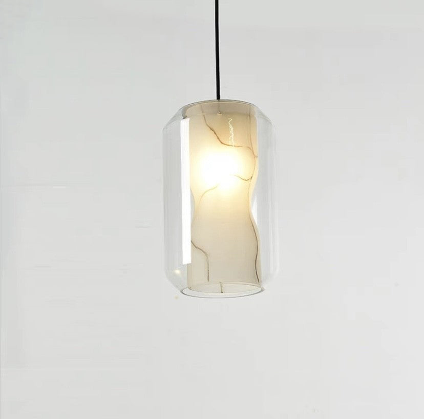 Contemporary Scandinavian Glass Faux Alabaster Iron Round Cylinder 1/3-Light Chandelier For Bedroom & Living Room