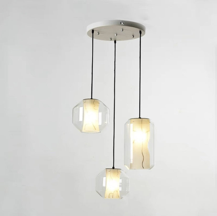 Contemporary Scandinavian Glass Faux Alabaster Iron Round Cylinder 1/3-Light Chandelier For Bedroom & Living Room