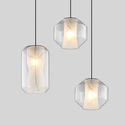 Contemporary Scandinavian Glass Faux Alabaster Iron Round Cylinder 1/3-Light Chandelier For Bedroom & Living Room