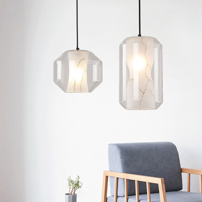 Contemporary Scandinavian Glass Faux Alabaster Iron Round Cylinder 1/3-Light Chandelier For Bedroom & Living Room