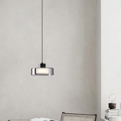 Modern Minimalist Brass Acrylic Glass Round Cylinder LED Pendant Light For Bedroom & Living Room