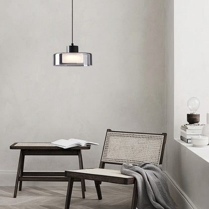 Modern Minimalist Brass Acrylic Glass Round Cylinder LED Pendant Light For Bedroom & Living Room