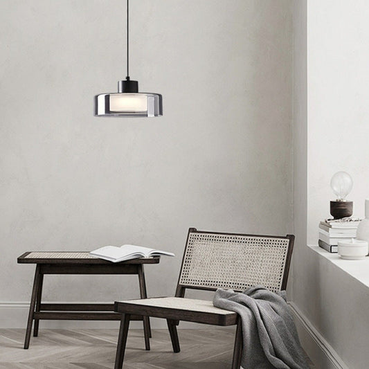 Modern Minimalist Brass Acrylic Glass Round Cylinder LED Pendant Light For Bedroom & Living Room