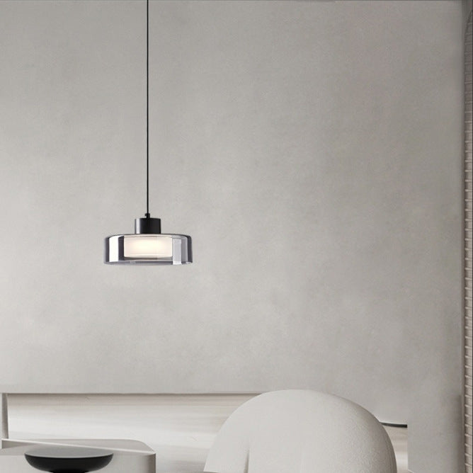 Modern Minimalist Brass Acrylic Glass Round Cylinder LED Pendant Light For Bedroom & Living Room