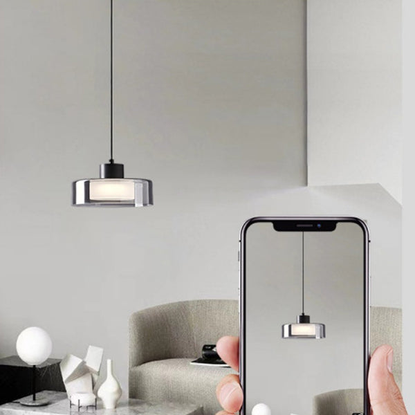 Modern Minimalist Brass Acrylic Glass Round Cylinder LED Pendant Light For Bedroom & Living Room