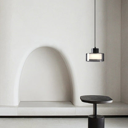 Modern Minimalist Brass Acrylic Glass Round Cylinder LED Pendant Light For Bedroom & Living Room