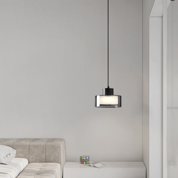 Modern Minimalist Brass Acrylic Glass Round Cylinder LED Pendant Light For Bedroom & Living Room