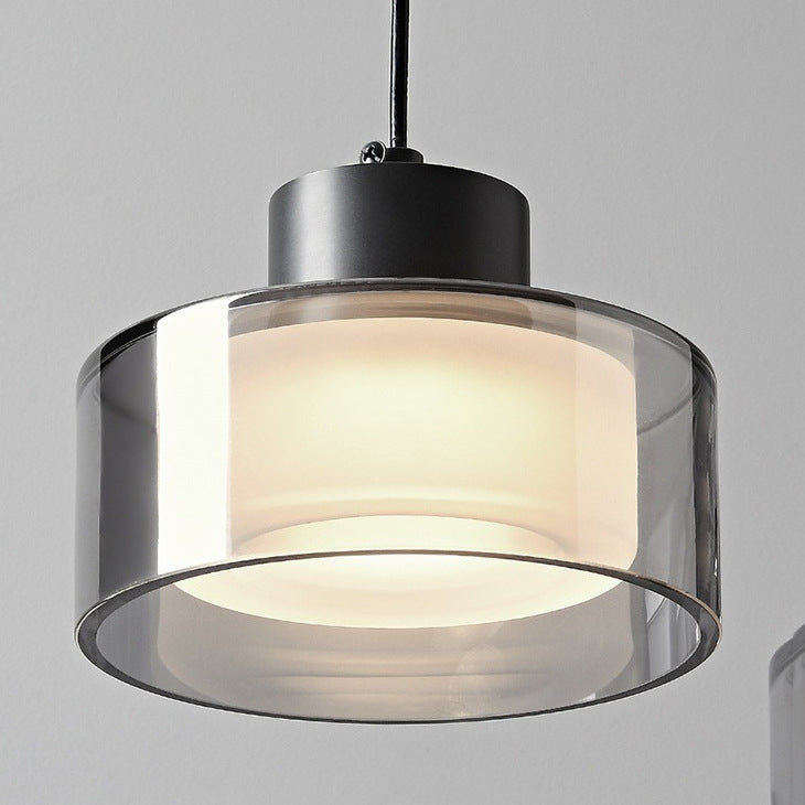 Modern Minimalist Brass Acrylic Glass Round Cylinder LED Pendant Light For Bedroom & Living Room