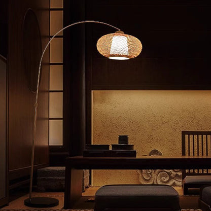 Traditional Chinese Marble Bamboo Stainless Steel Curved Oval 1-Light Standing Floor Lamp For Living Room