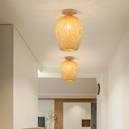 Contemporary Scandinavian Rubberwood Bamboo Woven Round 1-Light Semi-Flush Mount Ceiling Light For Living Room