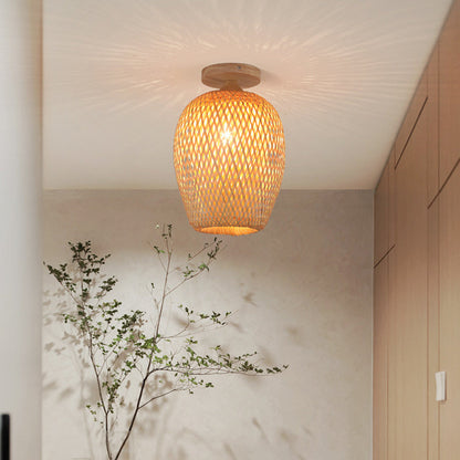 Contemporary Scandinavian Rubberwood Bamboo Woven Round 1-Light Semi-Flush Mount Ceiling Light For Living Room
