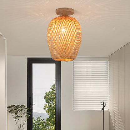 Contemporary Scandinavian Rubberwood Bamboo Woven Round 1-Light Semi-Flush Mount Ceiling Light For Living Room