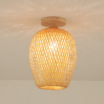 Contemporary Scandinavian Rubberwood Bamboo Woven Round 1-Light Semi-Flush Mount Ceiling Light For Living Room