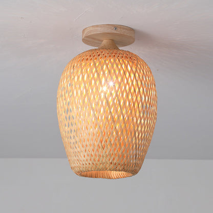 Contemporary Scandinavian Rubberwood Bamboo Woven Round 1-Light Semi-Flush Mount Ceiling Light For Living Room
