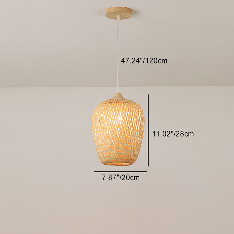 Traditional Chinese Rubberwood Bamboo Woven Round 1-Light Pendant Light For Living Room