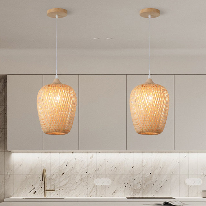Traditional Chinese Rubberwood Bamboo Woven Round 1-Light Pendant Light For Living Room