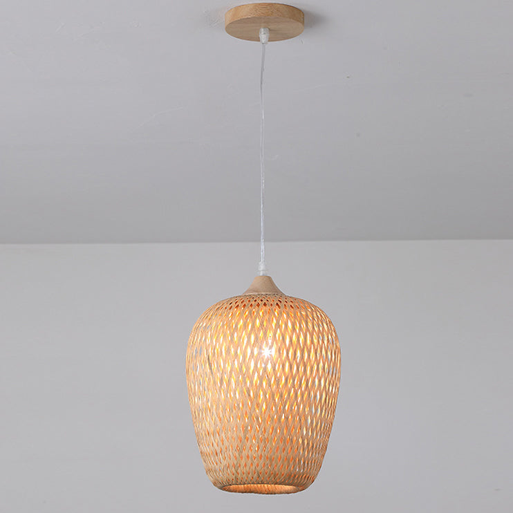 Traditional Chinese Rubberwood Bamboo Woven Round 1-Light Pendant Light For Living Room