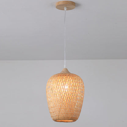 Traditional Chinese Rubberwood Bamboo Woven Round 1-Light Pendant Light For Living Room
