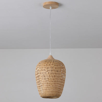 Traditional Chinese Rubberwood Bamboo Woven Round 1-Light Pendant Light For Living Room
