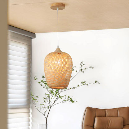 Traditional Chinese Rubberwood Bamboo Woven Round 1-Light Pendant Light For Living Room