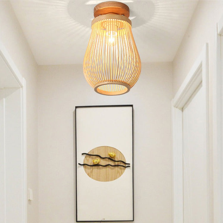 Traditional Chinese Bamboo Wood Globe 1-Light Semi-Flush Mount Ceiling Light For Living Room