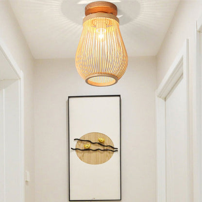 Traditional Chinese Bamboo Wood Globe 1-Light Semi-Flush Mount Ceiling Light For Living Room
