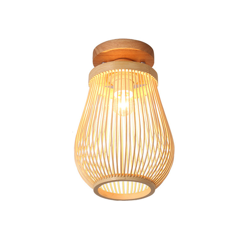 Traditional Chinese Bamboo Wood Globe 1-Light Semi-Flush Mount Ceiling Light For Living Room