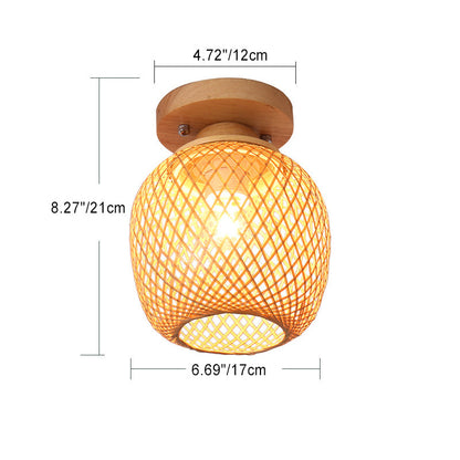 Traditional Chinese Bamboo Wood Globe 1-Light Semi-Flush Mount Ceiling Light For Living Room