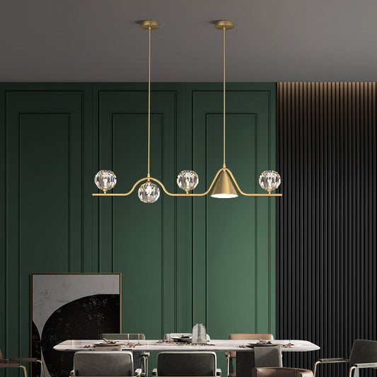 Contemporary Scandinavian Crystal Brass Conical Linear LED Chandelier Island Light For Dining Room