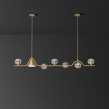 Contemporary Scandinavian Crystal Brass Conical Linear LED Chandelier Island Light For Dining Room
