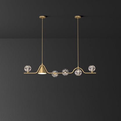 Contemporary Scandinavian Crystal Brass Conical Linear LED Chandelier Island Light For Dining Room
