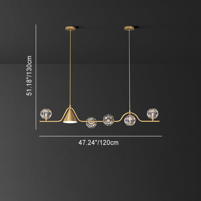 Contemporary Scandinavian Crystal Brass Conical Linear LED Chandelier Island Light For Dining Room