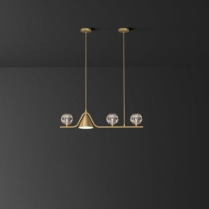 Contemporary Scandinavian Crystal Brass Conical Linear LED Chandelier Island Light For Dining Room