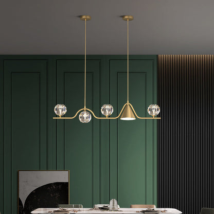 Contemporary Scandinavian Crystal Brass Conical Linear LED Chandelier Island Light For Dining Room