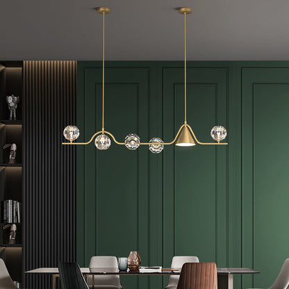 Contemporary Scandinavian Crystal Brass Conical Linear LED Chandelier Island Light For Dining Room