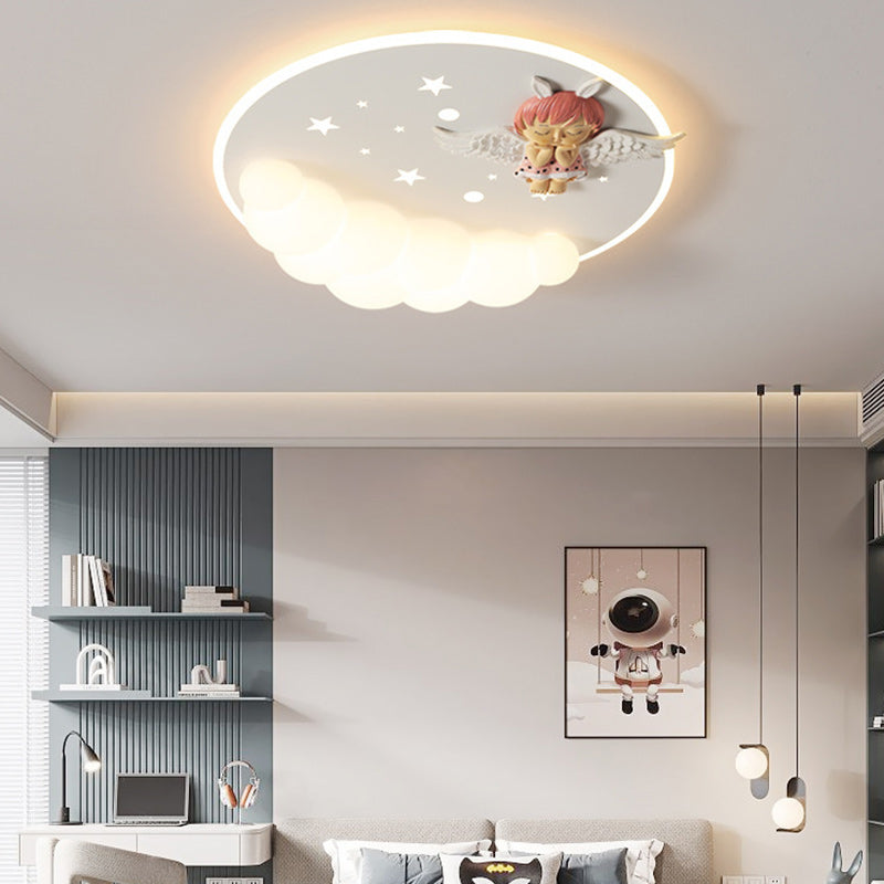 Modern Art Deco Acrylic Iron Astronaut Mermaid Angel Round LED Flush Mount Ceiling Light For Bedroom
