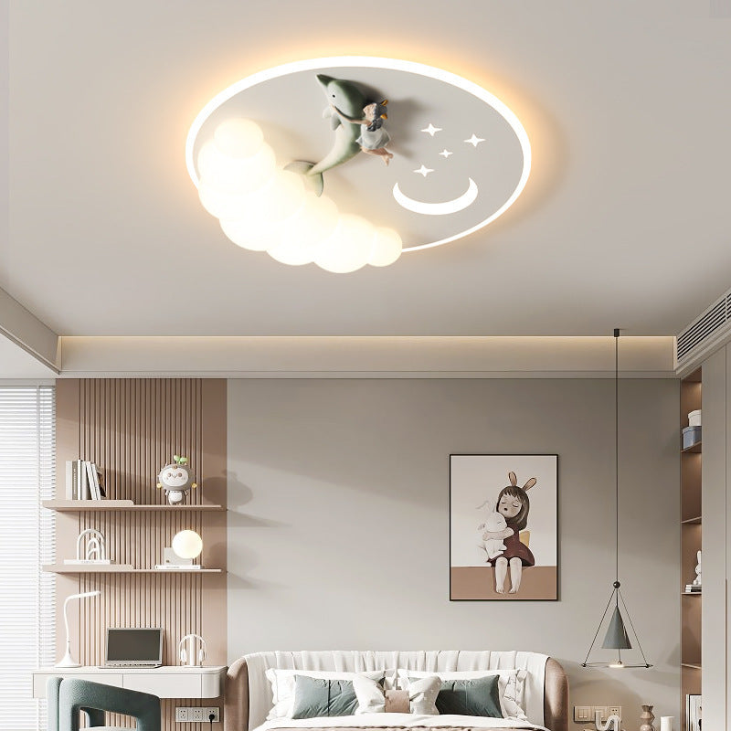 Modern Art Deco Acrylic Iron Astronaut Mermaid Angel Round LED Flush Mount Ceiling Light For Bedroom