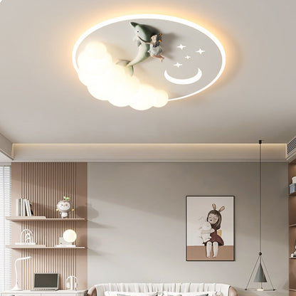 Modern Art Deco Acrylic Iron Astronaut Mermaid Angel Round LED Flush Mount Ceiling Light For Bedroom