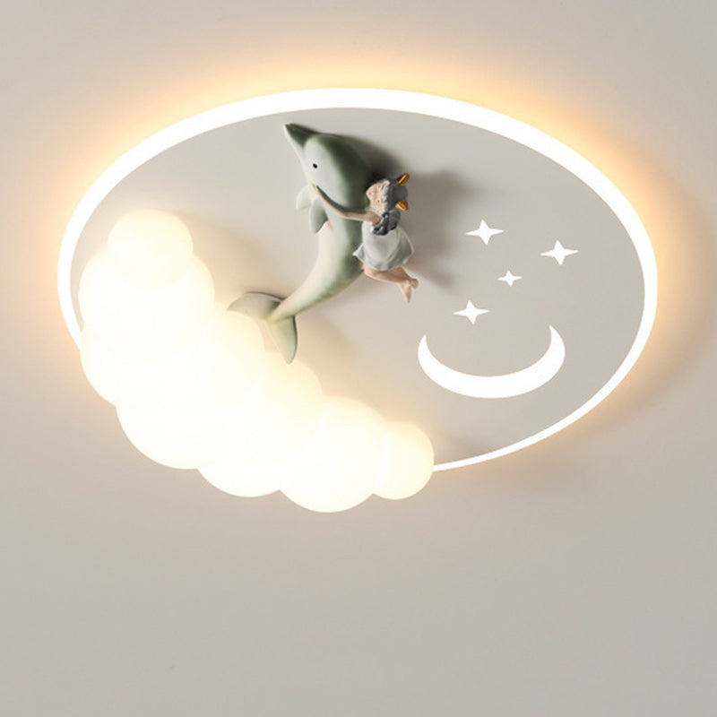 Modern Art Deco Acrylic Iron Astronaut Mermaid Angel Round LED Flush Mount Ceiling Light For Bedroom