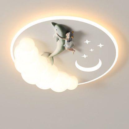 Modern Art Deco Acrylic Iron Astronaut Mermaid Angel Round LED Flush Mount Ceiling Light For Bedroom