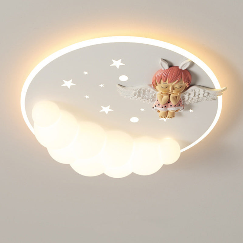 Modern Art Deco Acrylic Iron Astronaut Mermaid Angel Round LED Flush Mount Ceiling Light For Bedroom