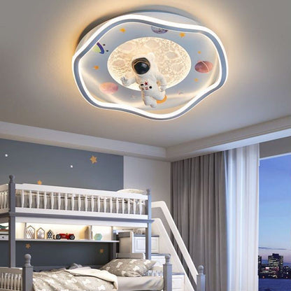 Modern Art Deco Kids Silicone Resin Iron Astronaut Planet-Shaped Round LED Flush Mount Ceiling Light For Bedroom