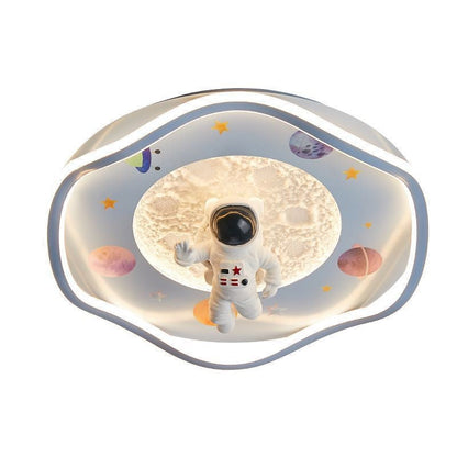 Modern Art Deco Kids Silicone Resin Iron Astronaut Planet-Shaped Round LED Flush Mount Ceiling Light For Bedroom