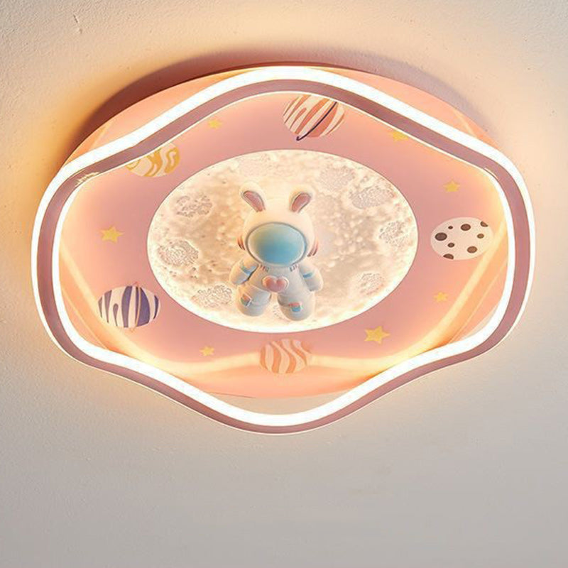 Modern Art Deco Kids Silicone Resin Iron Astronaut Planet-Shaped Round LED Flush Mount Ceiling Light For Bedroom