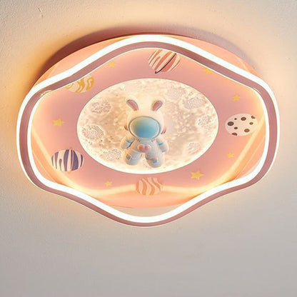 Modern Art Deco Kids Silicone Resin Iron Astronaut Planet-Shaped Round LED Flush Mount Ceiling Light For Bedroom