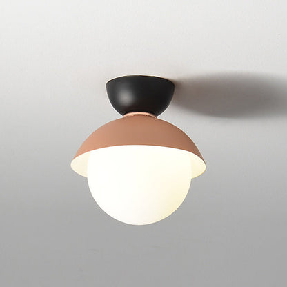 Contemporary Scandinavian Glass Iron Bowl-Shaped Round 1-Light Semi-Flush Mount Ceiling Light For Bedroom & Living Room