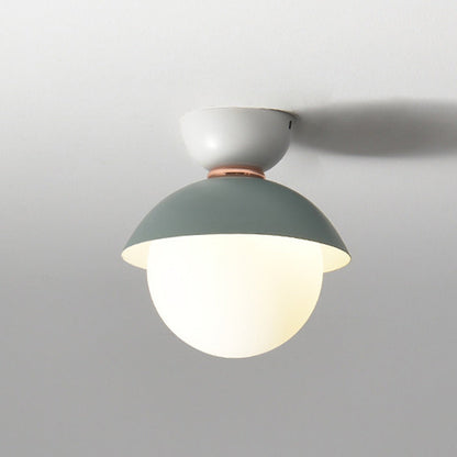 Contemporary Scandinavian Glass Iron Bowl-Shaped Round 1-Light Semi-Flush Mount Ceiling Light For Bedroom & Living Room